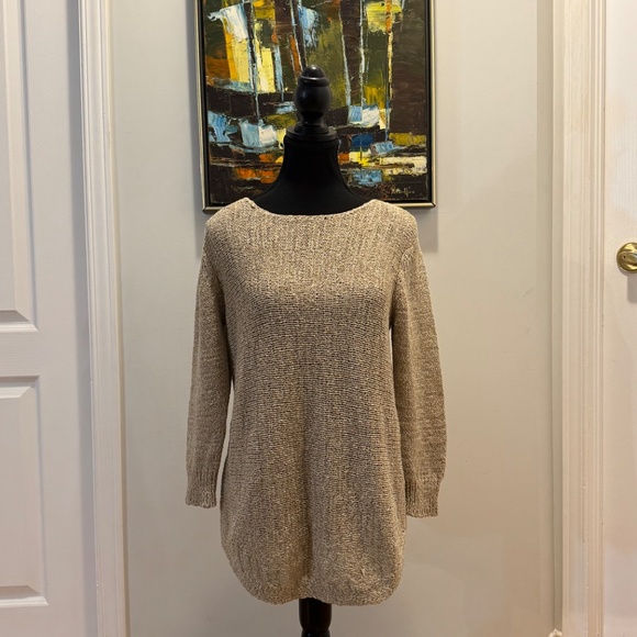 KARL LAGERFELD PARIS Knit Tunic Sweater M (Tag S) Beige Gold Shimmer 3/4 Sleeve - Picture 4 of 11